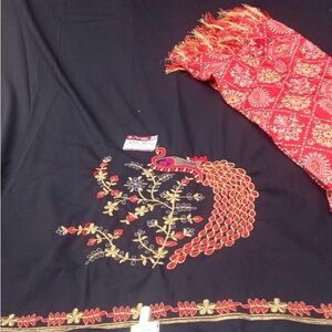 Embroidered Black and Red Fabric with Peacock Design